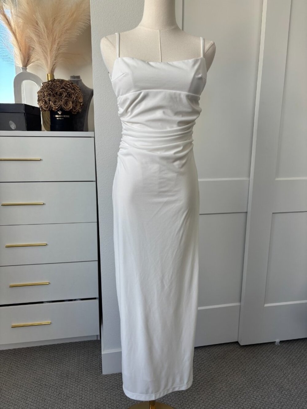 ZARA Dress Women's XS White Maxi Dress w/ Lace Up Detail Back Slit Thin Strap